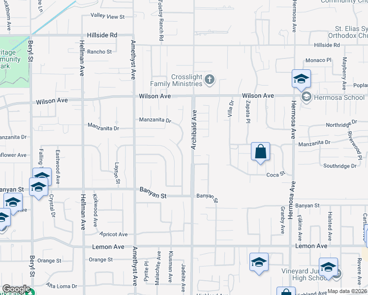 map of restaurants, bars, coffee shops, grocery stores, and more near 5895 Jadeite Avenue in Rancho Cucamonga