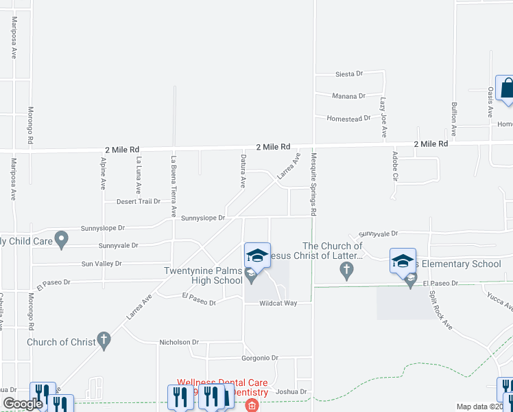 map of restaurants, bars, coffee shops, grocery stores, and more near 72731 Larrea Avenue in Twentynine Palms