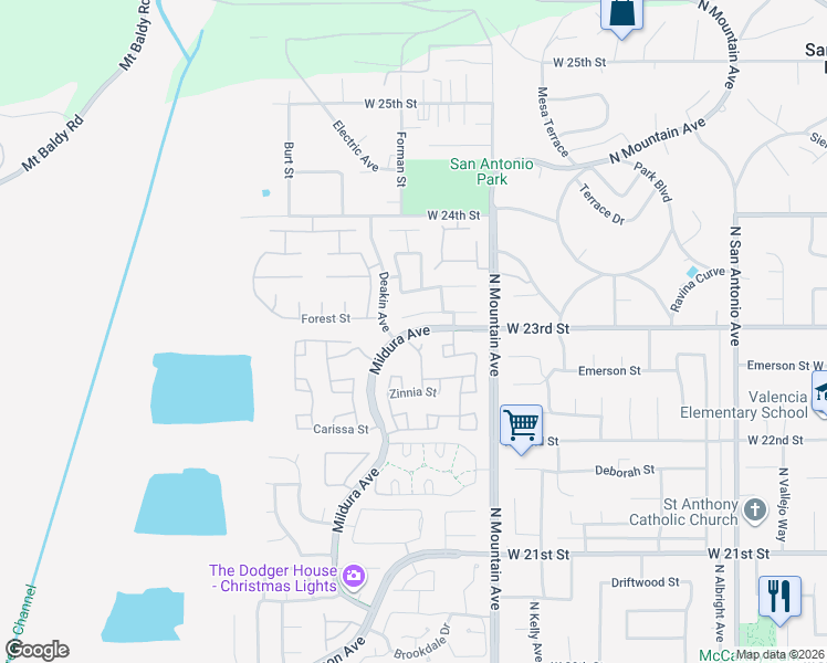 map of restaurants, bars, coffee shops, grocery stores, and more near 1343 Mallorca Street in Upland