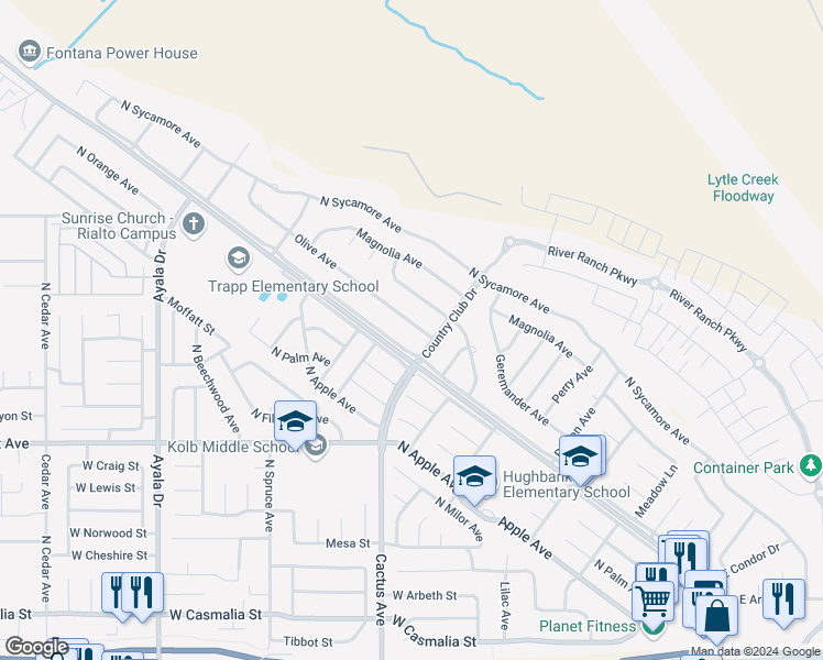 map of restaurants, bars, coffee shops, grocery stores, and more near 5874 Olive Avenue in Rialto