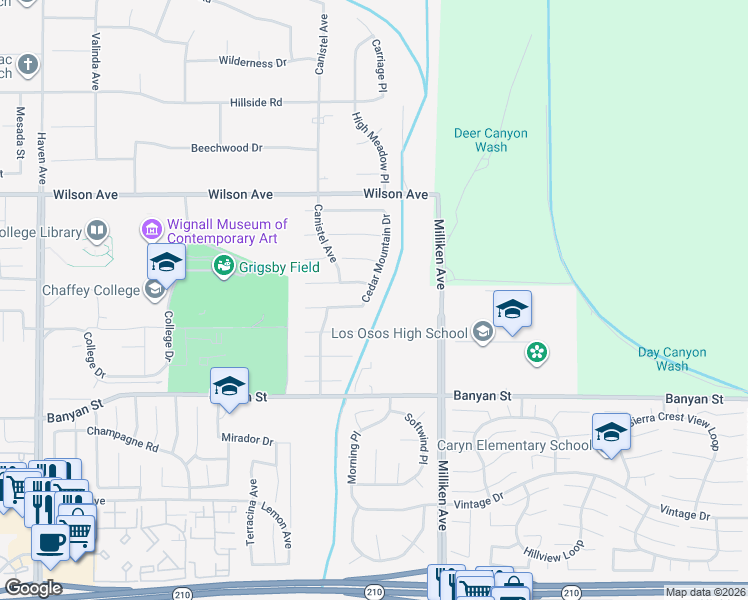 map of restaurants, bars, coffee shops, grocery stores, and more near 6009 Cedar Mountain Drive in Rancho Cucamonga