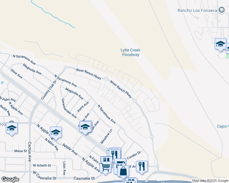 map of restaurants, bars, coffee shops, grocery stores, and more near 2511 Gunner Ridge Way in Rialto