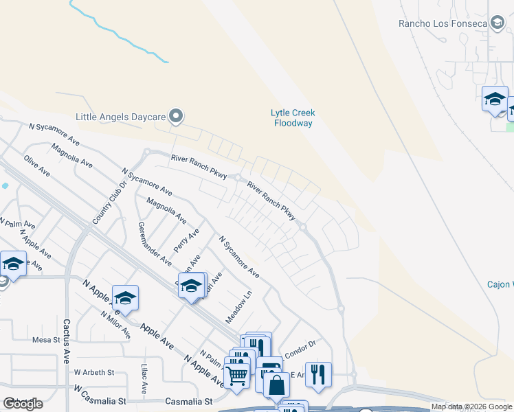 map of restaurants, bars, coffee shops, grocery stores, and more near 355 East Country Club Drive in Rialto