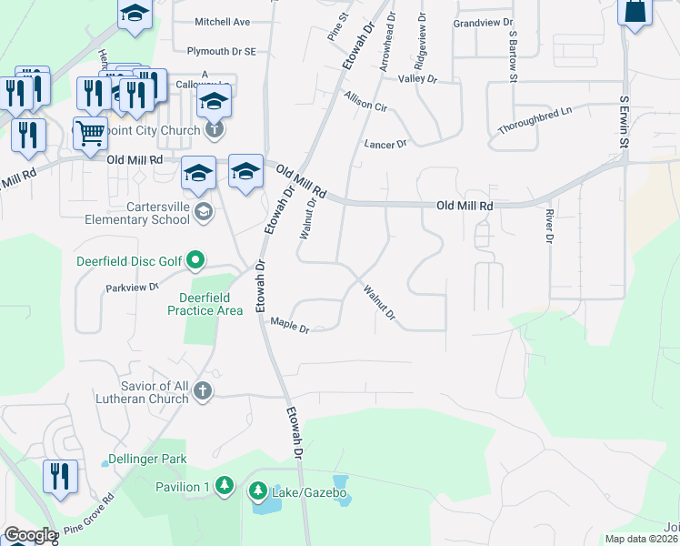 map of restaurants, bars, coffee shops, grocery stores, and more near 210 Arrowhead Drive in Cartersville