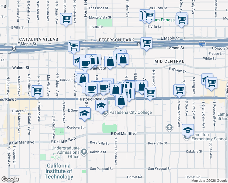 map of restaurants, bars, coffee shops, grocery stores, and more near 41 North Sierra Bonita Avenue in Pasadena