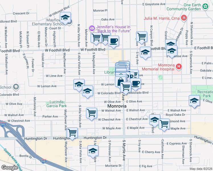 map of restaurants, bars, coffee shops, grocery stores, and more near 415 South Primrose Avenue in Monrovia
