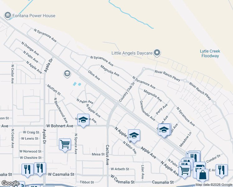 map of restaurants, bars, coffee shops, grocery stores, and more near 5874 Olive Avenue in Rialto