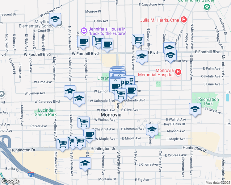 map of restaurants, bars, coffee shops, grocery stores, and more near 501 South Myrtle Avenue in Monrovia