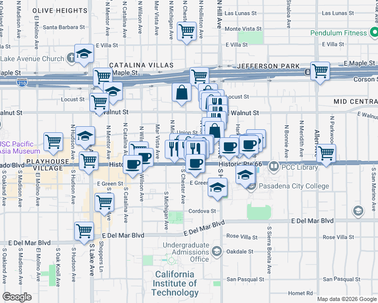 map of restaurants, bars, coffee shops, grocery stores, and more near 68 North Chester Avenue in Pasadena