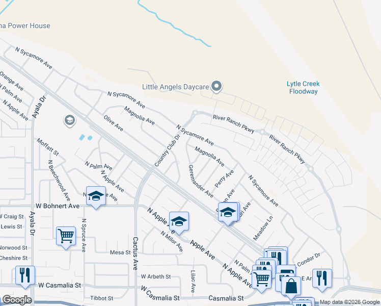 map of restaurants, bars, coffee shops, grocery stores, and more near 5830 Geremander Avenue in Rialto