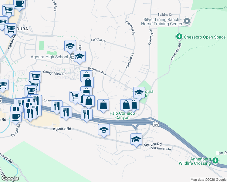 map of restaurants, bars, coffee shops, grocery stores, and more near 5354 Lewis Road in Agoura Hills