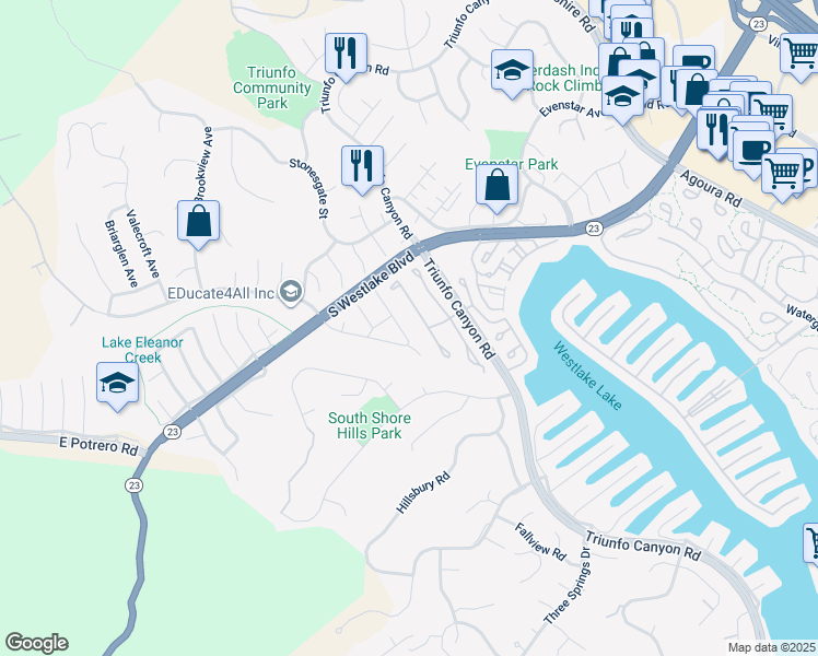 map of restaurants, bars, coffee shops, grocery stores, and more near 1387 Breckford Court in Westlake Village