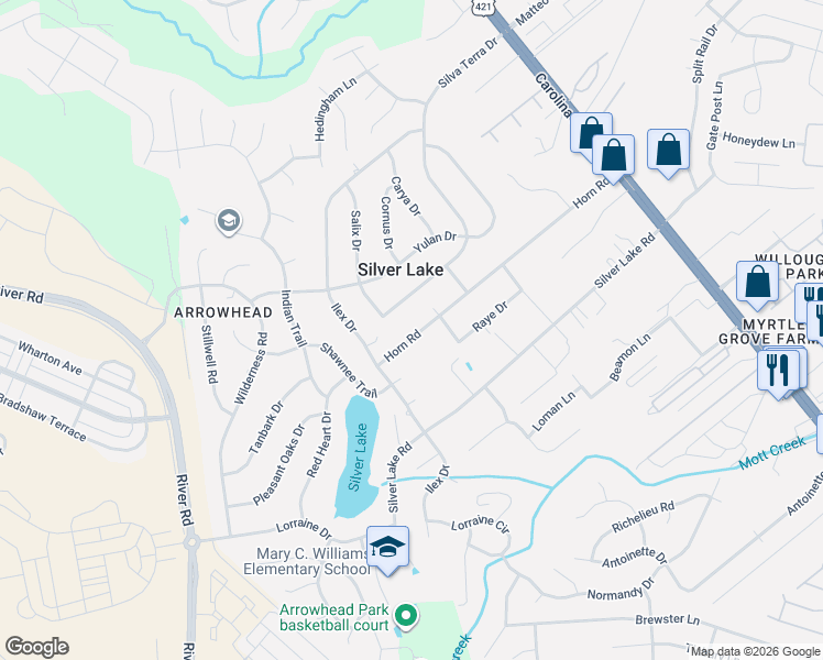 map of restaurants, bars, coffee shops, grocery stores, and more near 420 Horn Road in Wilmington