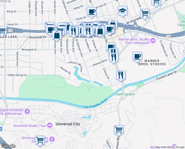 map of restaurants, bars, coffee shops, grocery stores, and more near 4205 West Franklin Avenue in Burbank