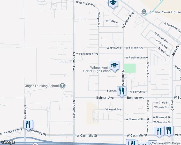 map of restaurants, bars, coffee shops, grocery stores, and more near 2607 North Fitzsimmons Avenue in Rialto
