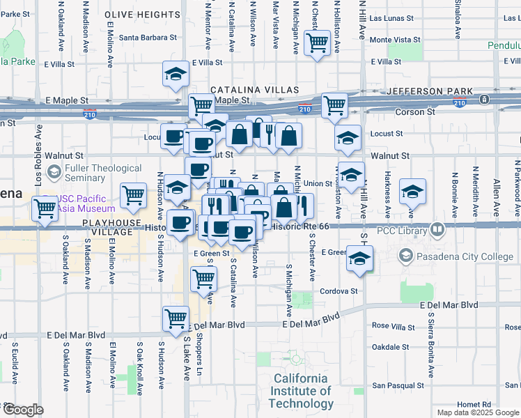 map of restaurants, bars, coffee shops, grocery stores, and more near 46 North Wilson Avenue in Pasadena