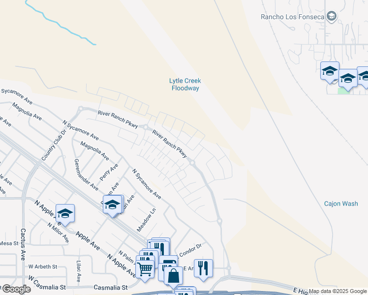 map of restaurants, bars, coffee shops, grocery stores, and more near 2476 Yellowstone Way in Rialto