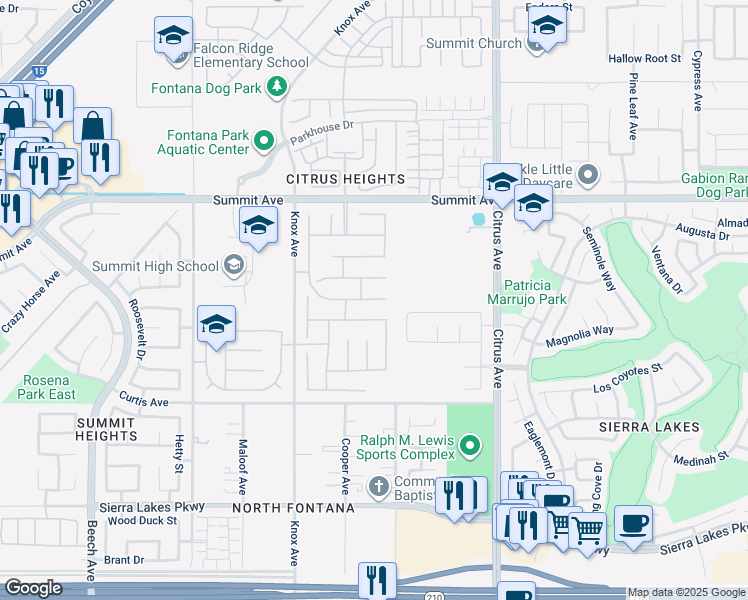 map of restaurants, bars, coffee shops, grocery stores, and more near 15848 Rock Point Lane in Fontana