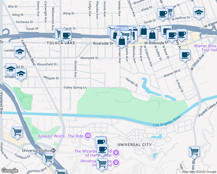 map of restaurants, bars, coffee shops, grocery stores, and more near 4262 Arcola Avenue in Los Angeles