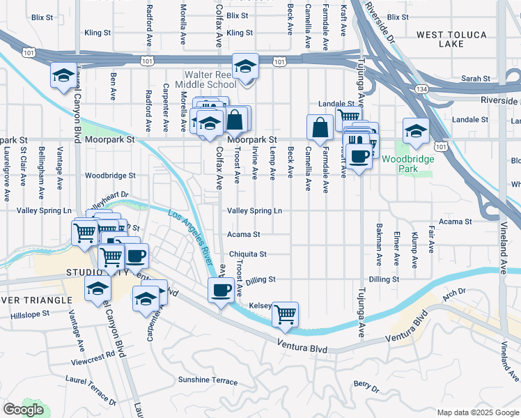 map of restaurants, bars, coffee shops, grocery stores, and more near 11581 Valley Spring Lane in Los Angeles