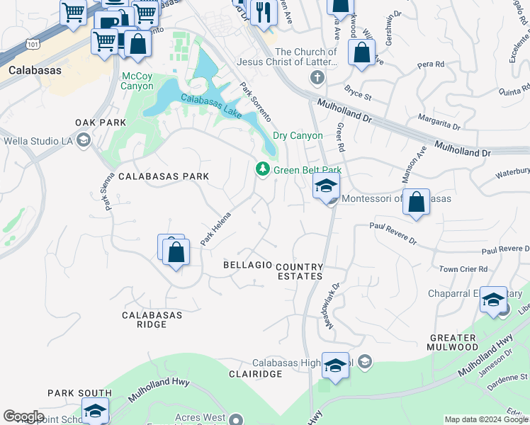 map of restaurants, bars, coffee shops, grocery stores, and more near 4351 Park Verdi in Calabasas