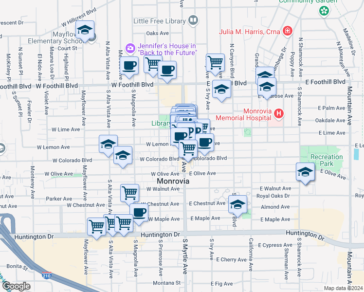 map of restaurants, bars, coffee shops, grocery stores, and more near 501 South Myrtle Avenue in Monrovia