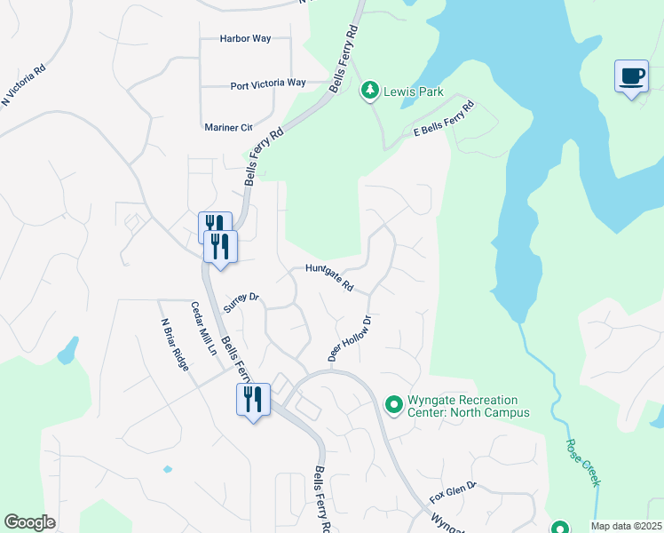 map of restaurants, bars, coffee shops, grocery stores, and more near 523 Huntgate Road in Woodstock