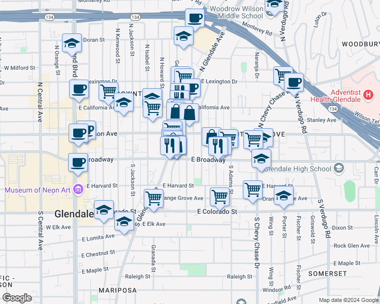 map of restaurants, bars, coffee shops, grocery stores, and more near 110 North Everett Street in Glendale