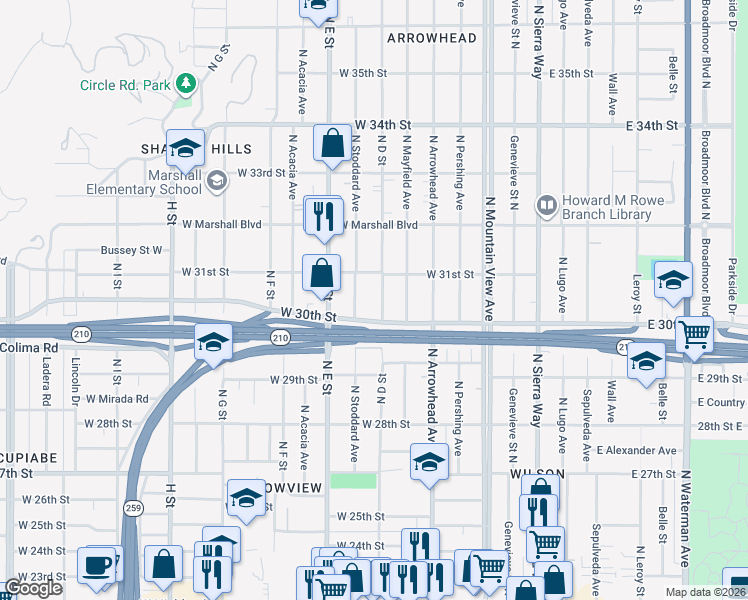 map of restaurants, bars, coffee shops, grocery stores, and more near 3042 North D Street in San Bernardino