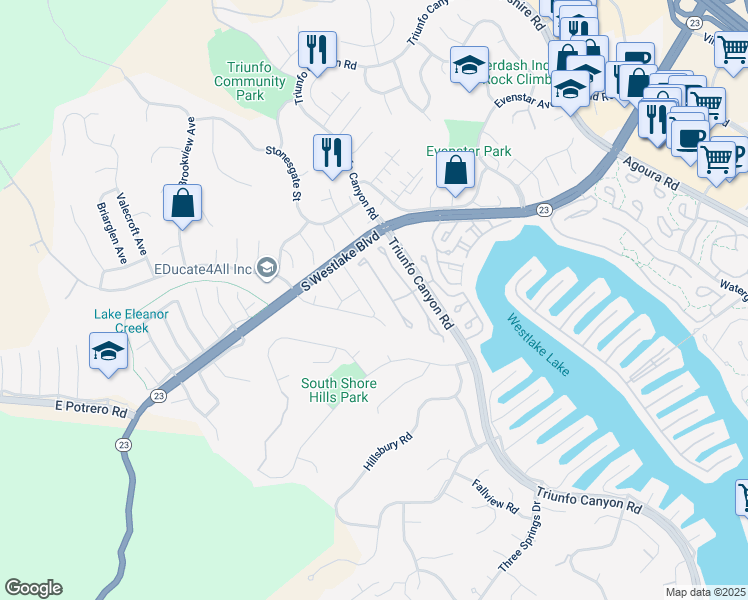 map of restaurants, bars, coffee shops, grocery stores, and more near 1387 Breckford Court in Westlake Village