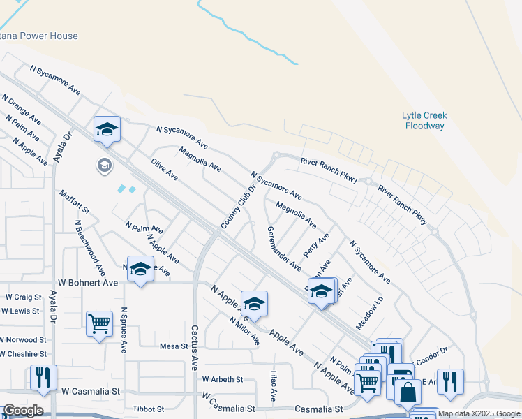 map of restaurants, bars, coffee shops, grocery stores, and more near 5862 Geremander Avenue in Rialto