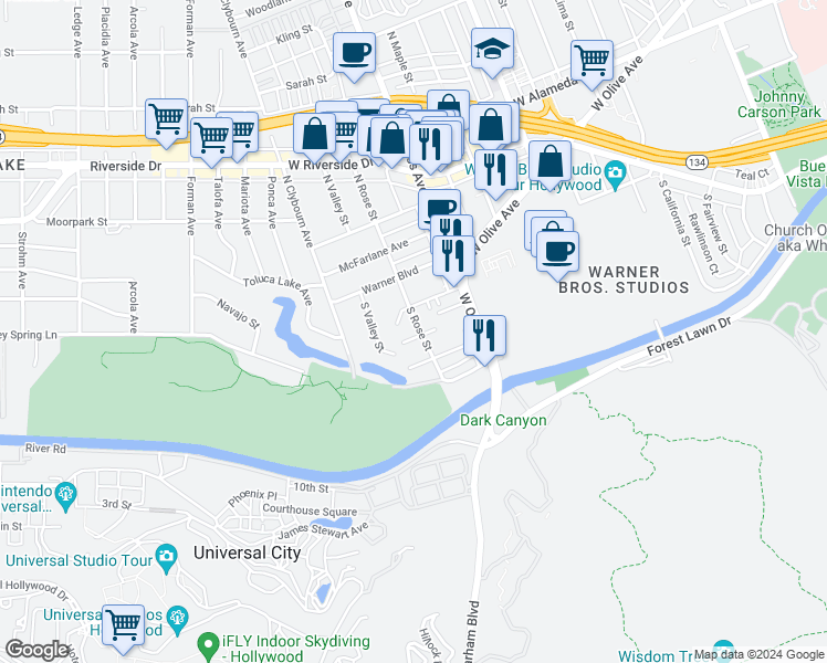 map of restaurants, bars, coffee shops, grocery stores, and more near 4205 West Franklin Avenue in Burbank