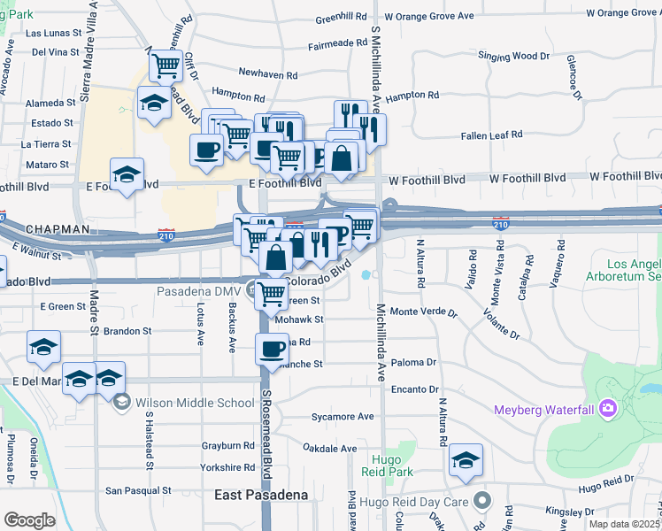 map of restaurants, bars, coffee shops, grocery stores, and more near 3813 East Colorado Boulevard in Pasadena