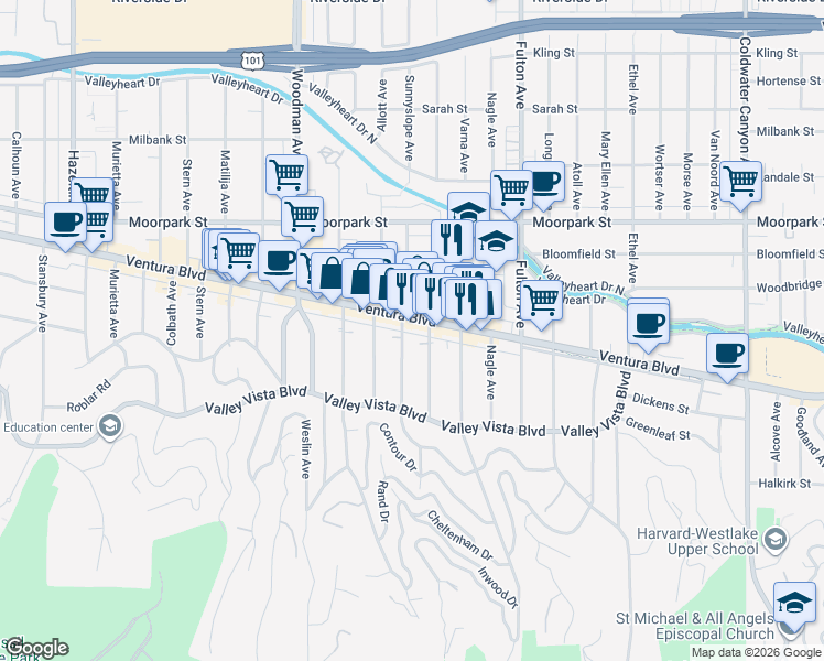 map of restaurants, bars, coffee shops, grocery stores, and more near 13452 Ventura Boulevard in Los Angeles