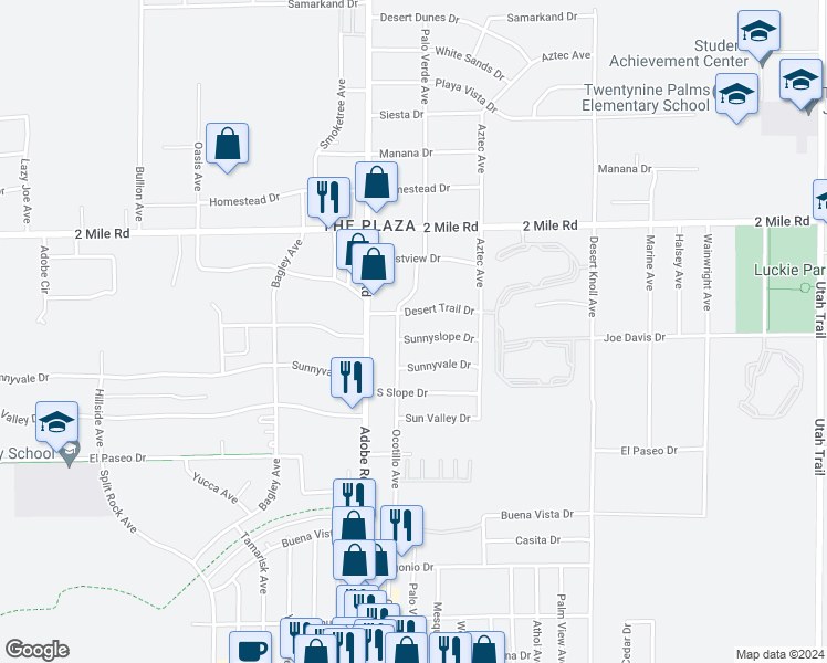 map of restaurants, bars, coffee shops, grocery stores, and more near 73766 Sunnyslope Drive in Twentynine Palms