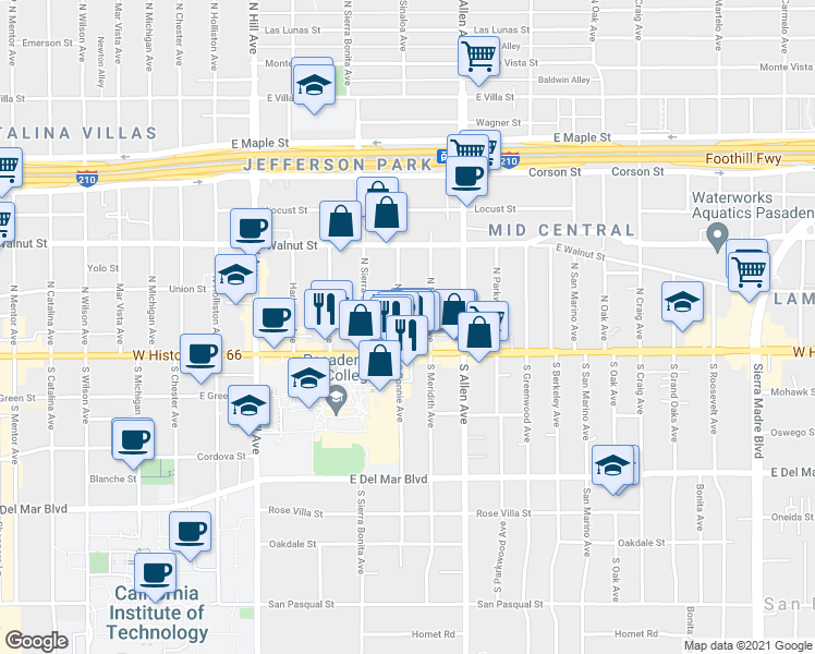 map of restaurants, bars, coffee shops, grocery stores, and more near in Pasadena
