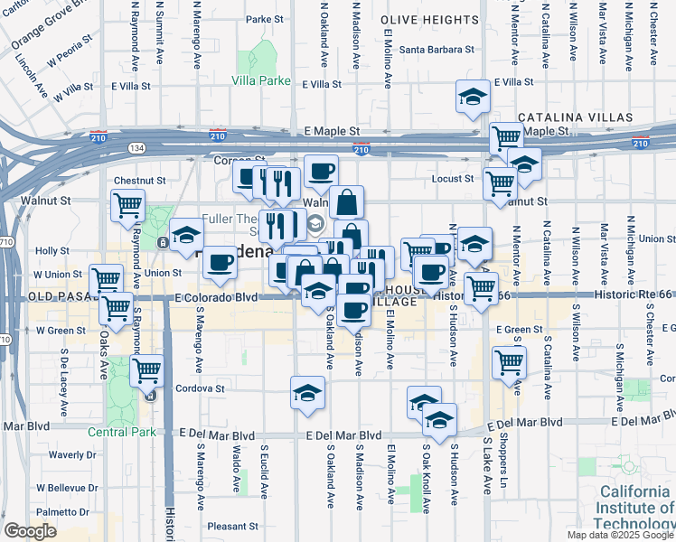 map of restaurants, bars, coffee shops, grocery stores, and more near 88 North Oakland Avenue in Pasadena