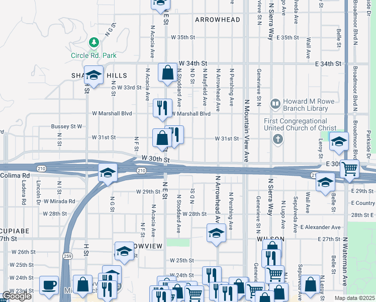 map of restaurants, bars, coffee shops, grocery stores, and more near 3042 North D Street in San Bernardino