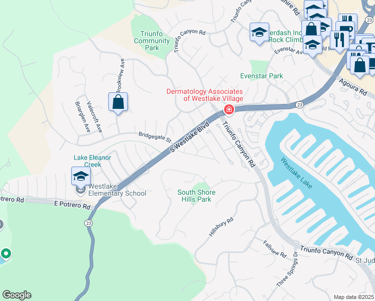 map of restaurants, bars, coffee shops, grocery stores, and more near 2039 Bridgegate Court in Westlake Village