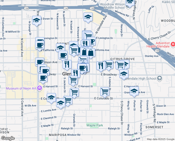 map of restaurants, bars, coffee shops, grocery stores, and more near 111 North Everett Street in Glendale