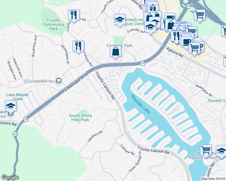 map of restaurants, bars, coffee shops, grocery stores, and more near 2190 Westshore Lane in Westlake Village