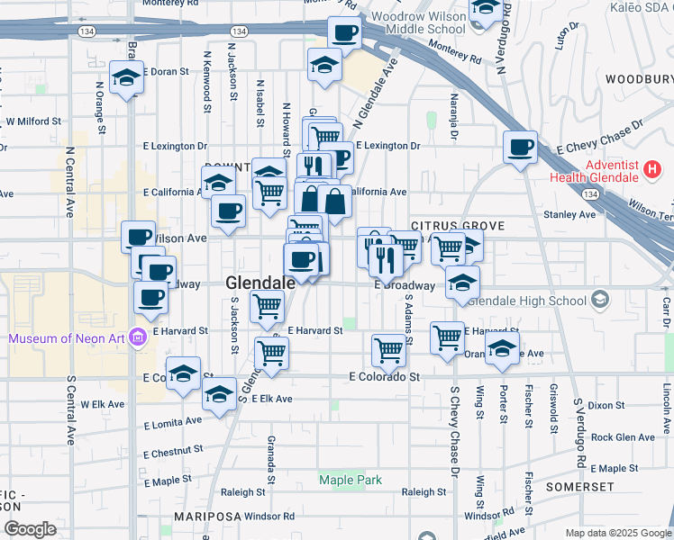 map of restaurants, bars, coffee shops, grocery stores, and more near 128 North Everett Street in Glendale