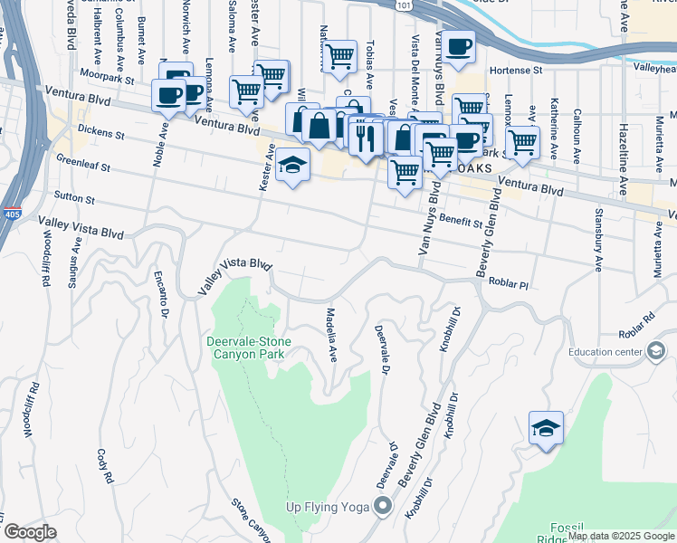 map of restaurants, bars, coffee shops, grocery stores, and more near 14619 Valley Vista Boulevard in Los Angeles