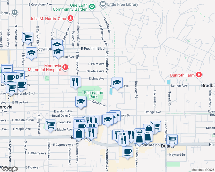 map of restaurants, bars, coffee shops, grocery stores, and more near South Mountain Avenue & East Lemon Avenue in Monrovia