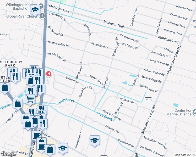 map of restaurants, bars, coffee shops, grocery stores, and more near 5007 Laurenbridge Lane in Wilmington