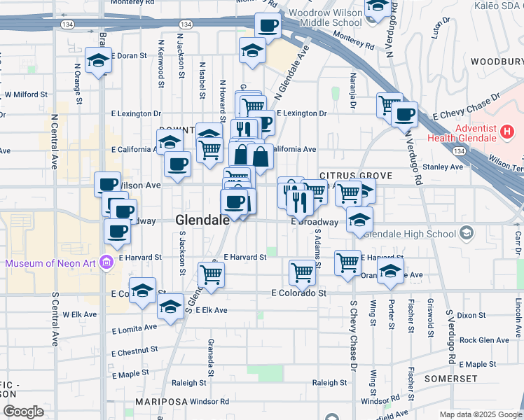 map of restaurants, bars, coffee shops, grocery stores, and more near 110 North Everett Street in Glendale
