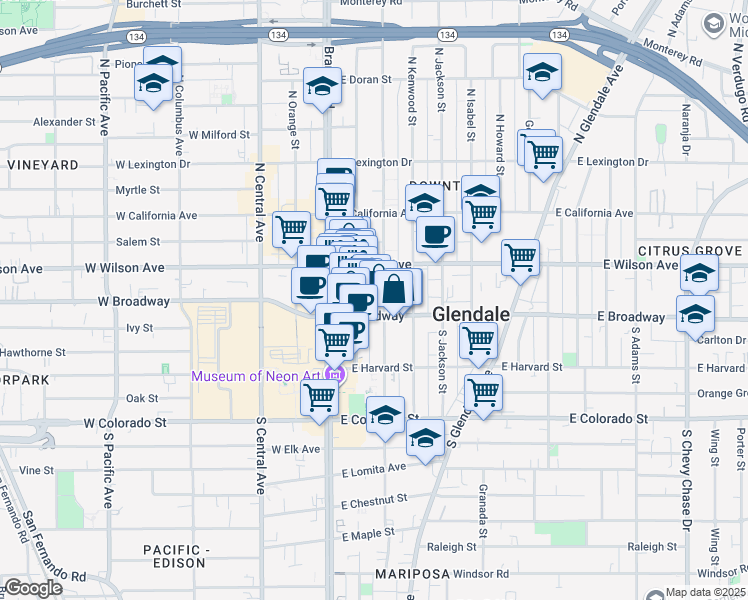 map of restaurants, bars, coffee shops, grocery stores, and more near 140 North Louise Street in Glendale