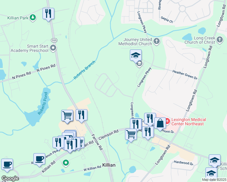 map of restaurants, bars, coffee shops, grocery stores, and more near 1193 Landon Place Drive in Columbia