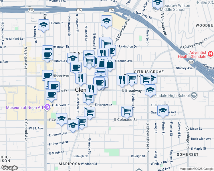 map of restaurants, bars, coffee shops, grocery stores, and more near 111 North Everett Street in Glendale