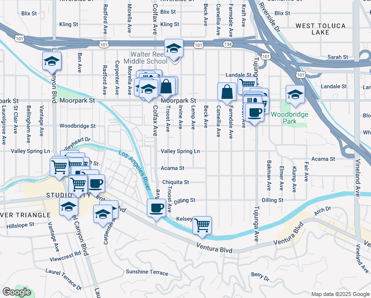 map of restaurants, bars, coffee shops, grocery stores, and more near 11581 Valley Spring Lane in Los Angeles